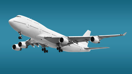 Obraz premium White Double Decker Jumbo Passenger Jet Plane with Four Engines Boeing 747 and Landing Gear in View Take off position low angle