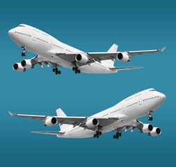 Obraz premium White Double Decker Jumbo Passenger Jet Aircraft with Four Engines Boeing 747 and Exposed Wheels Right and left view low angle