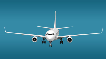 Obraz premium White Passenger Jet Plane with Two Engines and Detailed Landing Gear on Display Front View High Angle