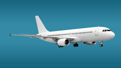 Fototapeta premium White Passenger Jet Plane with Two Engines and Exposed Landing Gear Side View