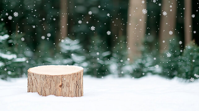 a rustic wooden tree stump covered with fresh snow surrounded by pine branches in a snowy winter forest with softly falling snowflakes - Powered by Adobe