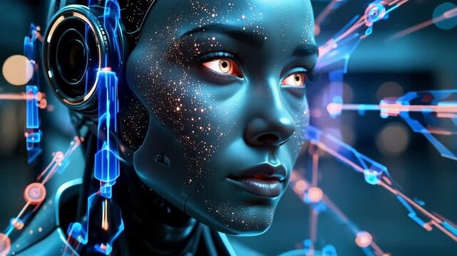 Futuristic cyborg with glowing eyes, reflecting advanced technology and artificial intelligence.