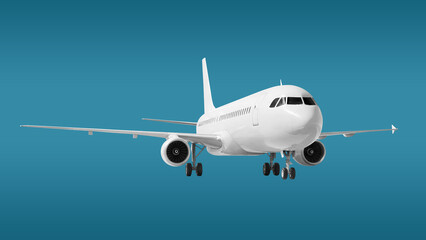 Fototapeta premium White Passenger Jet Plane with Two Engines and Visible Wheels Front View