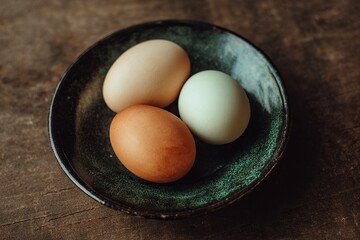 Close-up of three fresh eggs in an old dark green bowl on a table, lit with natural lighting, showcasing the simple charm of this still life suitable for food or advertising contexts.