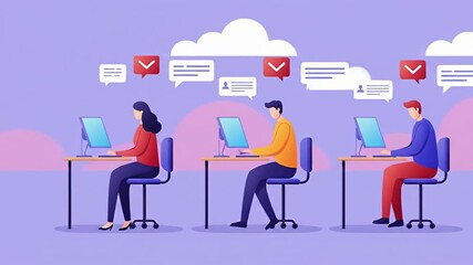 Illustrated people working at computers, with notification speech bubbles - Powered by Adobe