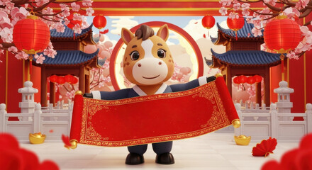 Cartoon horse with red banner