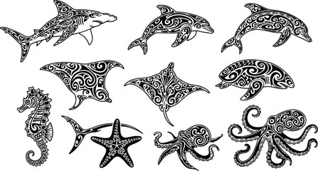 Tribal Ocean Animals Tattoo Design, Shark, Dolphin, Stingray, Seahorse, Starfish, Octopus, Marine Life Art, Polynesian Style Illustration © MDALRAFIN