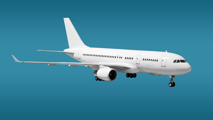 Obraz premium White Passenger Jet Plane with Dual Engines and Landing Gear corner view angle