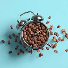 Clock on coffee beans on pastel blue background. 3d rendering