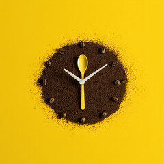 Coffee clock on yellow background. creative idea. minimal concept