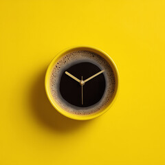 Coffee clock on yellow background. creative idea. minimal concept