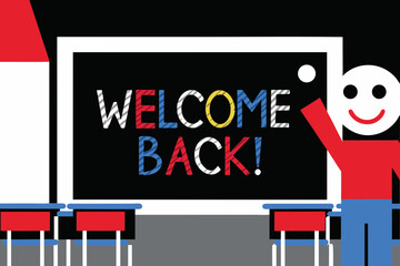 Colorful illustration of a cheerful character welcoming students back to school with a vibrant blackboard and classroom setting, capturing the essence of the back-to-school season