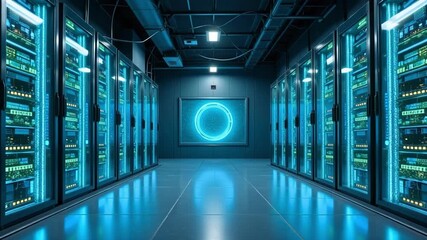 Futuristic server room glowing with cool blue light and a central digital display - Powered by Adobe
