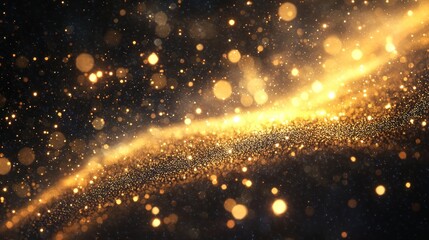 Golden and black abstract background with a golden wave-like pattern and scattered golden particles.