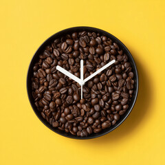 Coffee clock on yellow background. creative idea. minimal concept