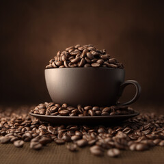 Coffee cup with beans on dark brown background. 3d rendering