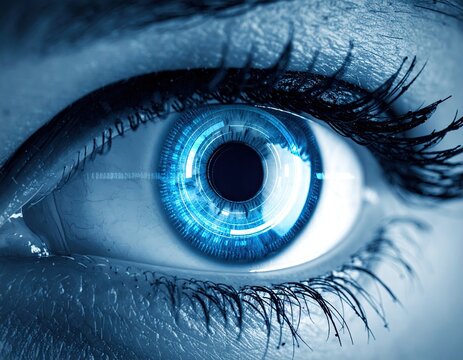 Closeup Blue Eye with Futuristic Holographic Overlay - Powered by Adobe