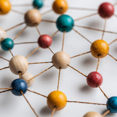 Colorful strings connecting light brown wooden beads on white background, abstract design representing network connections, collaboration, communication, innovation 