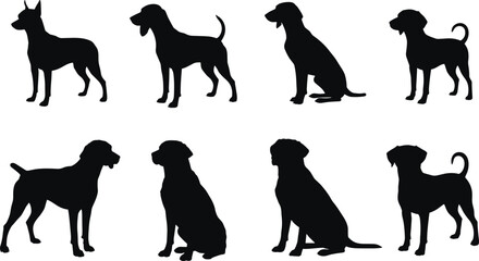Vector illustration of various dog breeds in sitting and standing poses, black silhouette design, loyal pets, canine animals, domestic dog set.