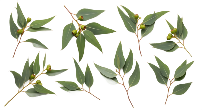 Multiple fresh eucalyptus branches, vibrant green leaves and developing buds, isolated on a clean white background, perfect for natural and botanical themes