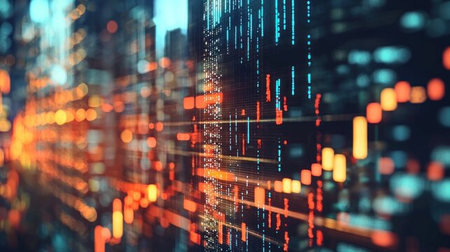 A digital cityscape with glowing lights and data lines, representing the concept of technology and data processing.