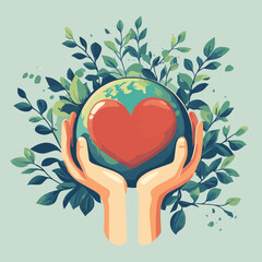 Sustainability, environmentally friendly strategy concept with hands holding Earth and heart , vector style simple color