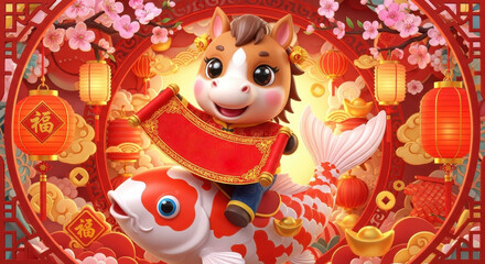 3D cartoon golden horse koi welcomes the new year