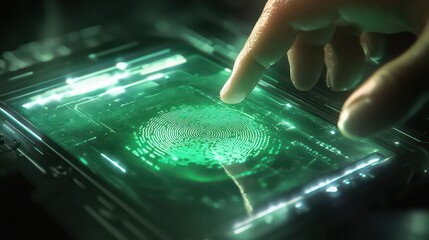 Finger touching a green glowing fingerprint scanner on a futuristic looking device screen display