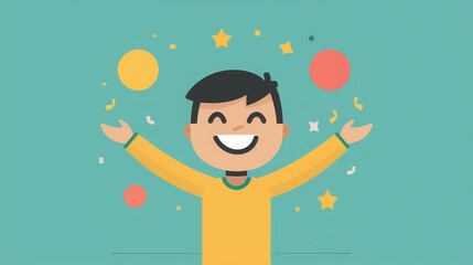 Cartoon illustration of a smiling boy with arms outstretched surrounded by stars and circles