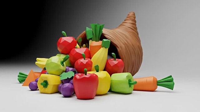 Low poly cornucopia spilling colorful fruit, vegetables on light gradient background