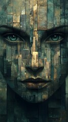 Abstract futuristic portrait composed of green blue geometric shapes and mosaic tiles, highly detailed hyperrealistic style with urban landscape background.