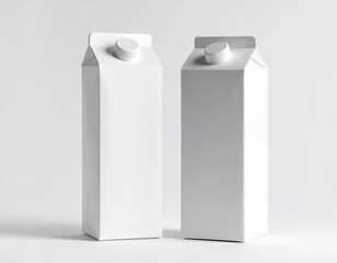 Two blank white milk or juice carton packages standing on a neutral background, a 3D rendered clean product mockup template for branding design