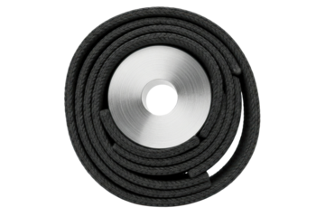 Rolled up black fabric yoga mat strap with a metal buckle isolated on a transparent background