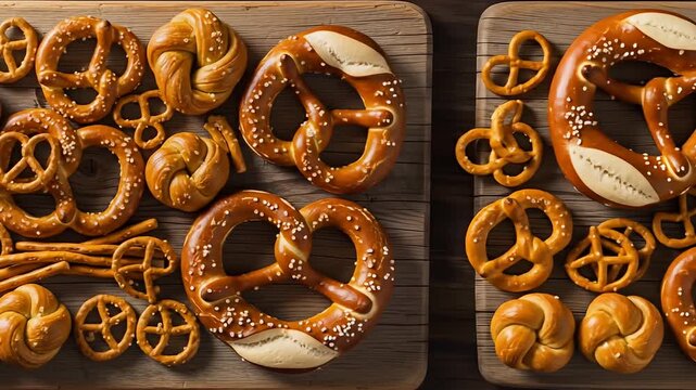 An array of assorted pretzels, glazed and salted, atop a rustic wooden surface