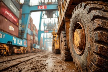 Obraz premium Industrial Scene with Heavy Machinery at a Cargo Terminal
