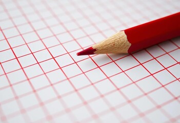Close-up of red pencil strokes on graph paper grid, mathematics, art