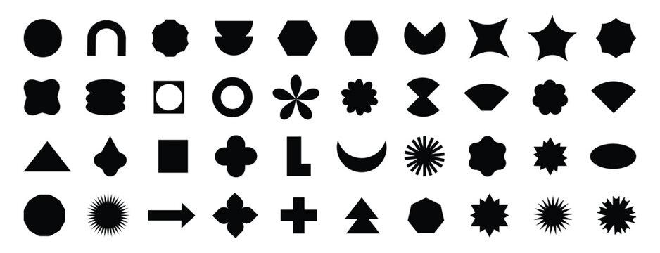 Abstract geometric and basic shapes on white background. Polygonal elements. Modern trendy minimalist basic figures, lines, circles, hexagon, star, triangle flat style.