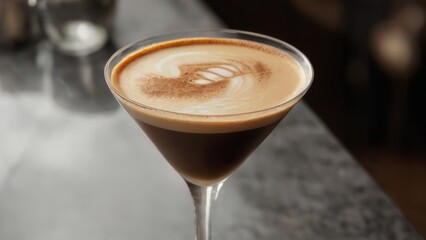 Elegant CloseUp of Latte or Cappuccino Martini in Clear Glass on Marble Countertop in Sophisticated Setting.
