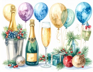 Festive Watercolor Champagne with Balloons Gift Boxes and Berries Celebration