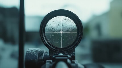 A close up shot of a rifle scope with a crosshair aiming at a blurred outdoor background view through it