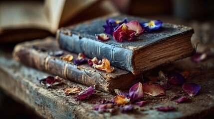Two vintage books resting on a rustic wooden table, adorned with colorful dried flower petals