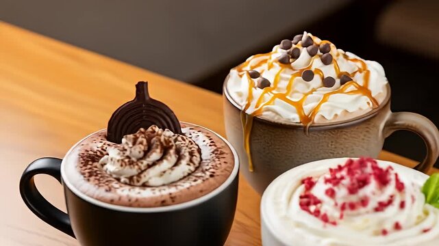 Three mugs filled with varied decadent drinks on wooden table against blurry backdrop