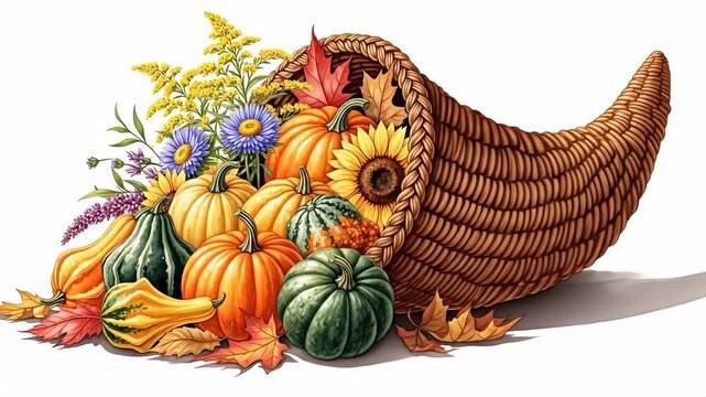 A horn of plenty overflowing with pumpkins, gourds, flowers, and autumn leaves
