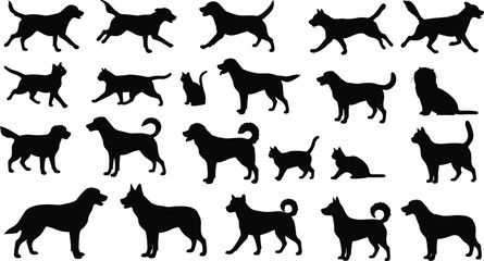 Vector silhouette illustration of various dogs and cats in different poses, running, sitting, and standing, perfect for pet designs.