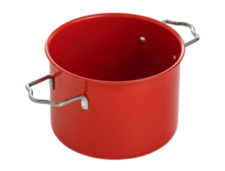 Red metal cooking pot with steel handles, empty utensil on white background, ideal for preparing soups and stews.
