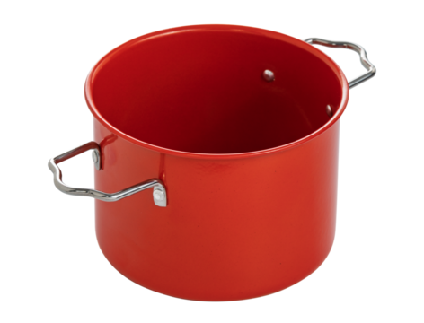 Red metal cooking pot with steel handles, empty utensil on white background, ideal for preparing soups and stews.