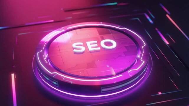 SEO button highlighted in magenta and pink on platform, representing search engine optimization. SEO button glows and pulses,