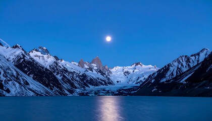 Snowy mountain peaks reflect in serene water under a bright moonlit blue sky