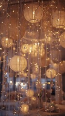 Obraz premium Enchanting ambiance with glowing paper lanterns and delicate fairy lights creating a magical atmosphere