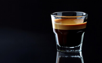 Close-up of a fine espresso shot in clear glass on dark background. Concept for modern healthy beverages, homebrew drinks and healthy drinks. 